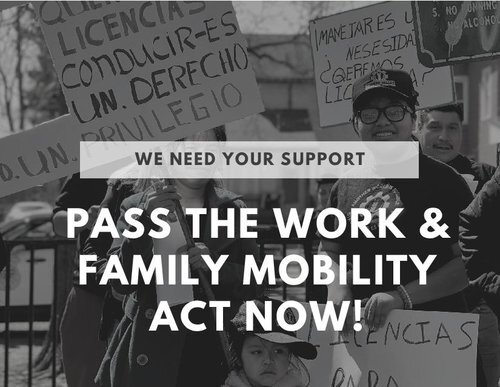 black and white background image of protestors with inscription pass the work and family mobility act now